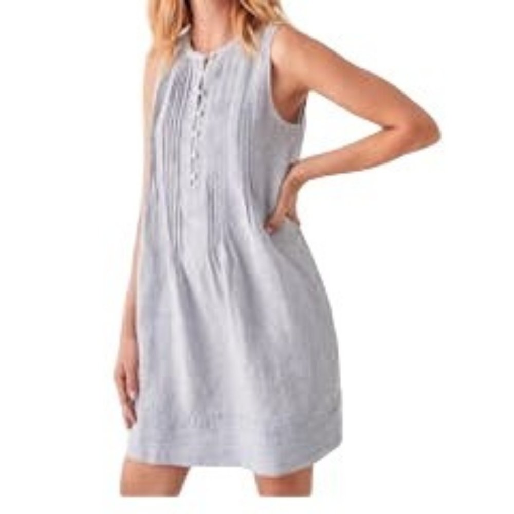 Faherty  Isha Linen Dress Blue Striped Pintuck Button Front Swing Mini D…